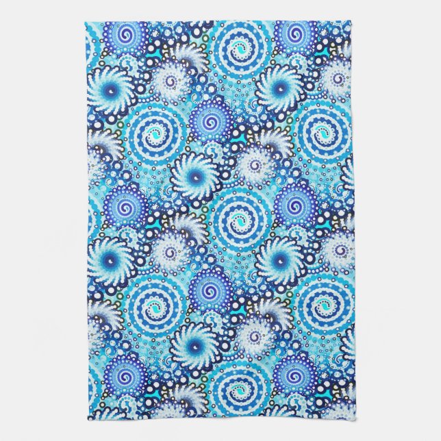 Fractal swirl pattern, shades of blue kitchen towel (Vertical)