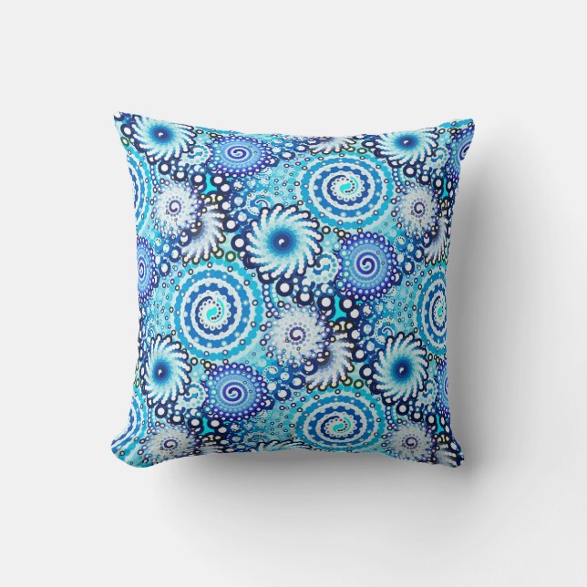 Fractal swirl pattern, shades of blue throw pillow (Front)