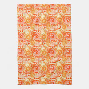 Fractal swirl pattern, shades of coral orange kitchen towel