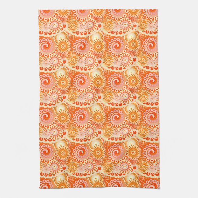Fractal swirl pattern, shades of coral orange kitchen towel (Vertical)