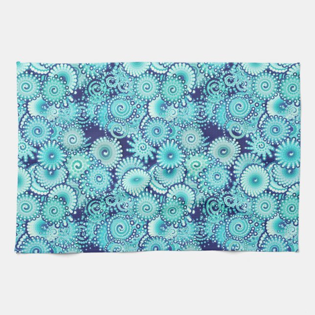 Fractal swirl pattern, shades of denim blue kitchen towel (Horizontal)