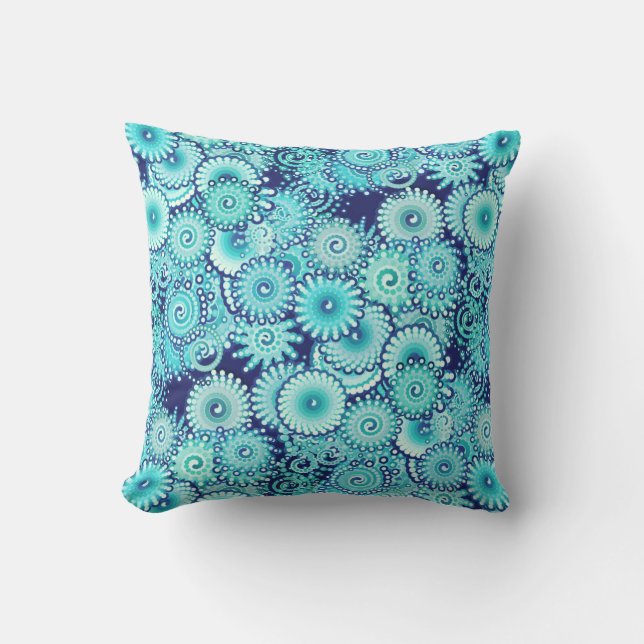 Fractal swirl pattern, shades of denim blue throw pillow (Front)