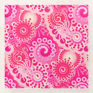 Fractal swirl pattern, shades of fuchsia pink glass coaster