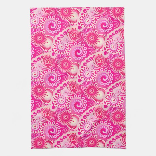 Fractal swirl pattern, shades of fuchsia pink kitchen towel (Vertical)