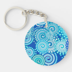Fractal swirl pattern, shades of ocean blue keychain