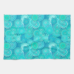 Fractal swirl pattern, shades of ocean blue kitchen towel