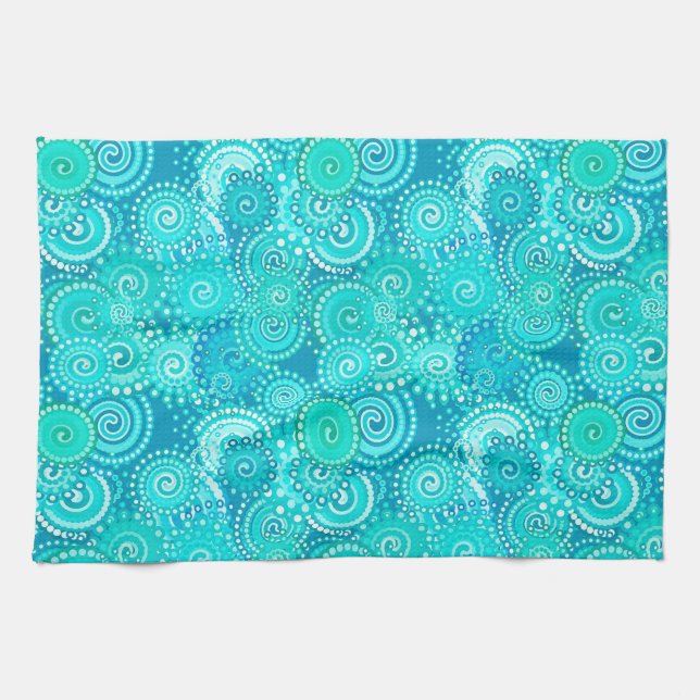 Fractal swirl pattern, shades of ocean blue kitchen towel (Horizontal)