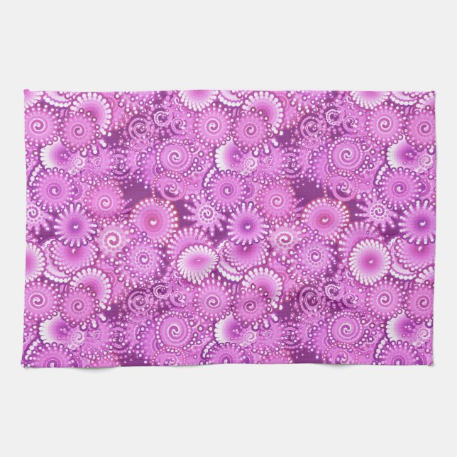 Fractal swirl pattern, shades of plum and violet kitchen towel (Horizontal)