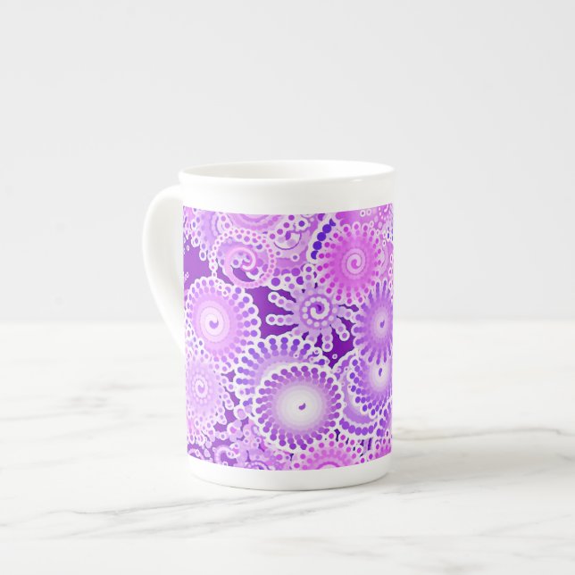 Fractal swirl pattern, shades of purple bone china mug (Front Left)