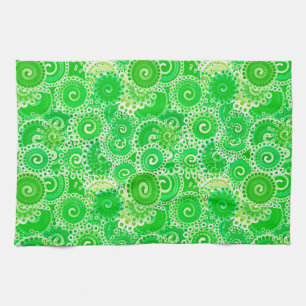 Fractal swirl pattern, shades of spring green kitchen towel