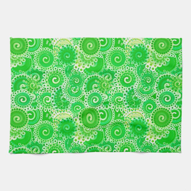 Fractal swirl pattern, shades of spring green kitchen towel (Horizontal)