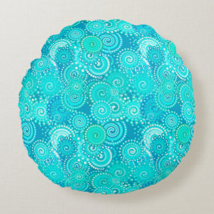 Fractal swirl pattern, shades of turquoise round pillow
