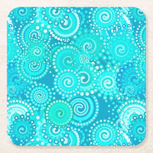 Fractal swirl pattern, shades of turquoise square paper coaster (Front)