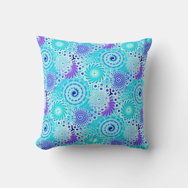 Fractal swirl pattern, turquoise, aqua, blue throw pillow (Front)