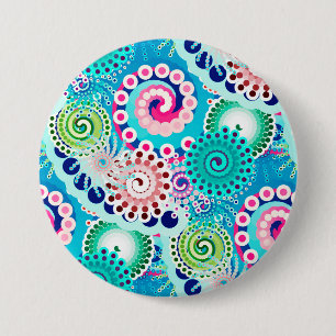 Fractal swirl pattern, turquoise, pink, multi 3 inch round button