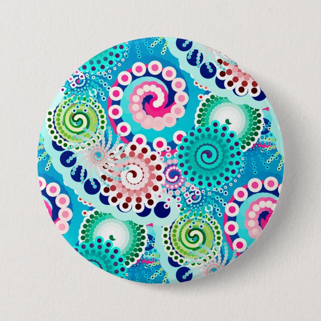 Fractal swirl pattern, turquoise, pink, multi 3 inch round button (Front)