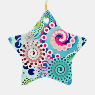 Fractal swirl pattern, turquoise, pink, multi ceramic ornament