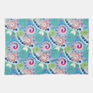 Fractal swirl pattern, turquoise, pink, multi kitchen towel