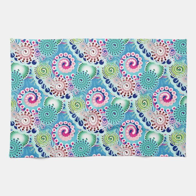 Fractal swirl pattern, turquoise, pink, multi kitchen towel (Horizontal)