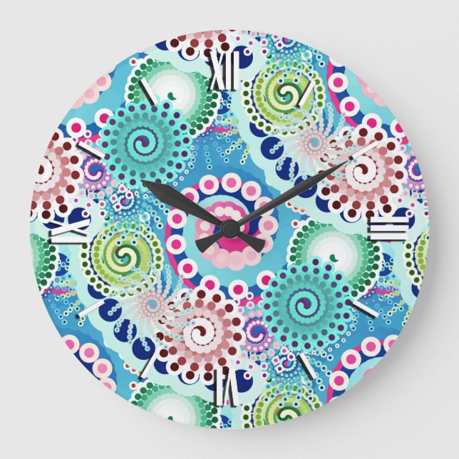 Fractal swirl pattern, turquoise, pink, multi large clock (Front)