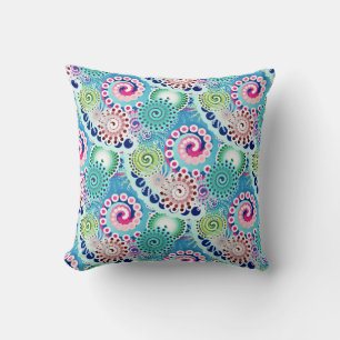 Fractal swirl pattern, turquoise, pink, multi throw pillow