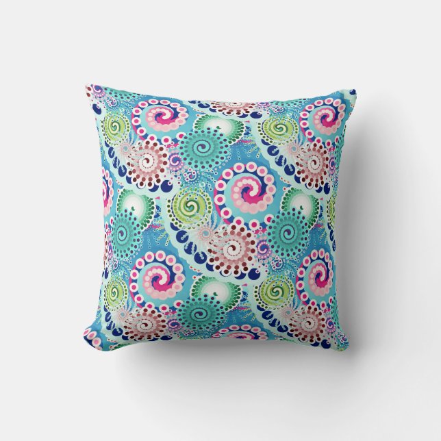Fractal swirl pattern, turquoise, pink, multi throw pillow (Front)