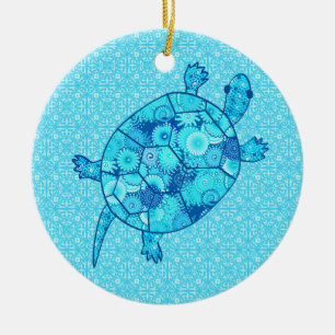 Fractal swirl turtle - cobalt and turquoise blue ceramic ornament