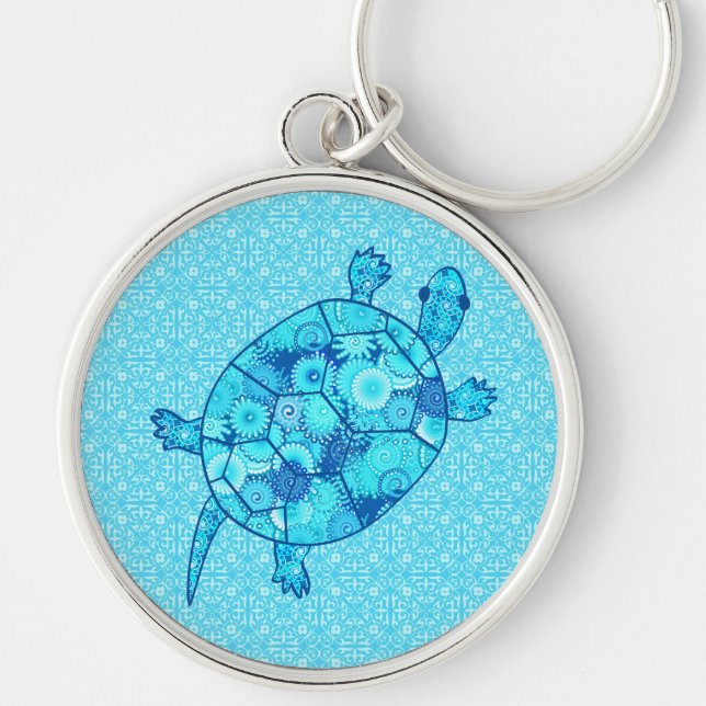 Fractal swirl turtle - cobalt and turquoise blue keychain (Front)