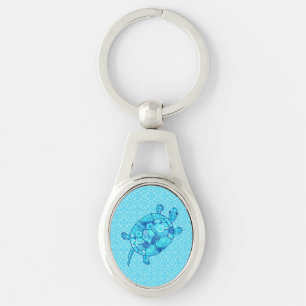 Fractal swirl turtle - cobalt and turquoise blue keychain
