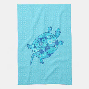 Fractal swirl turtle - cobalt and turquoise blue kitchen towel