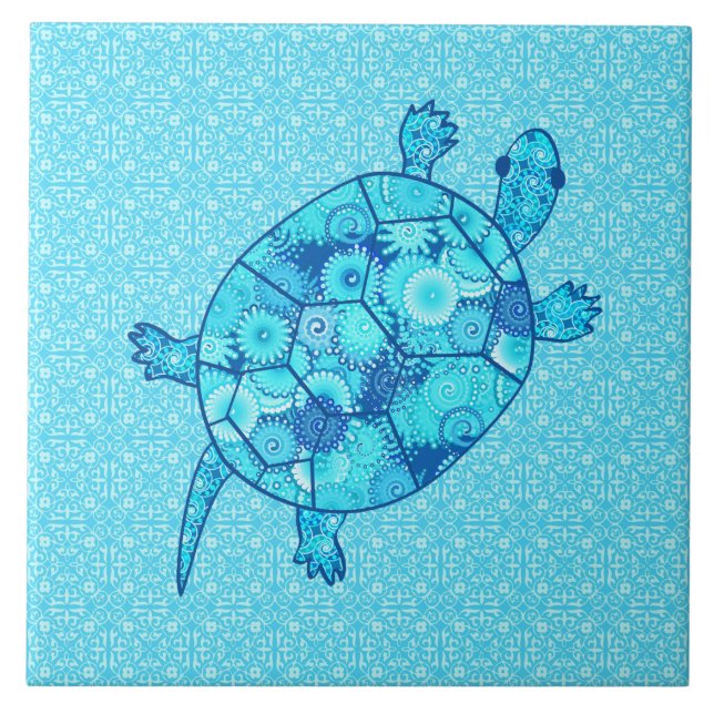 Fractal swirl turtle - cobalt and turquoise blue tile (Front)