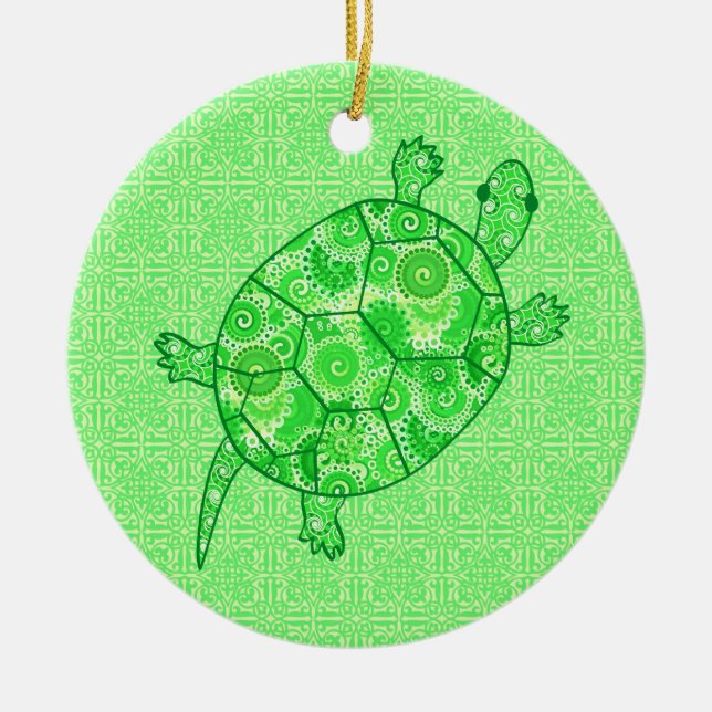 Fractal swirl turtle - lime and emerald green ceramic ornament (Front)