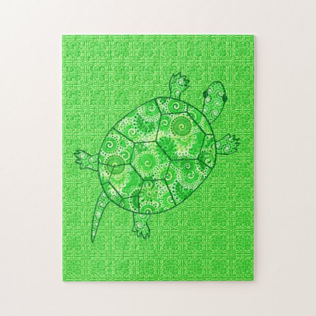 Fractal Swirl Turtle Lime and Emerald Green  Jigsaw Puzzle (Vertical)