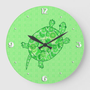 Fractal swirl turtle - lime and emerald green large clock