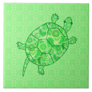 Fractal swirl turtle - lime and emerald green tile