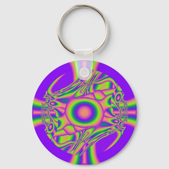 Fractal Warp Purple Green Psychedelic Keychain (Front)