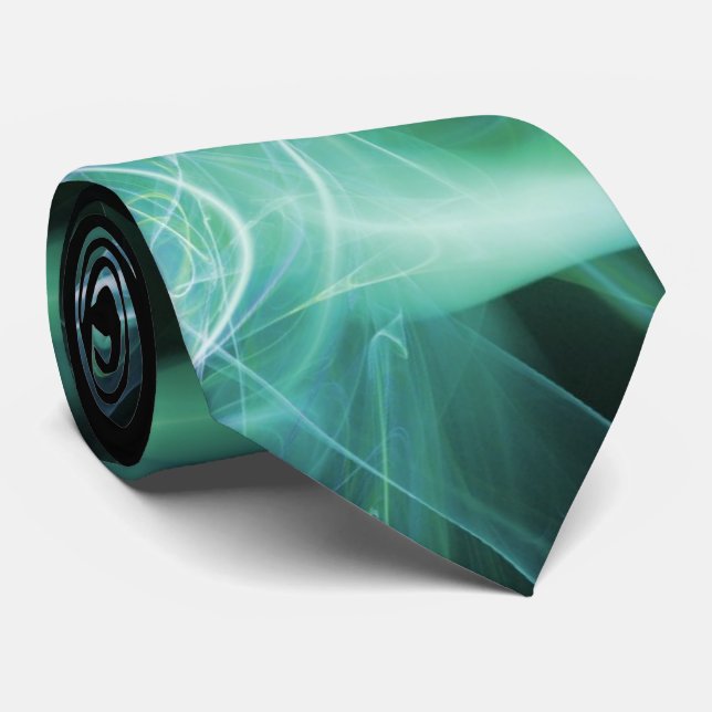 FRACTAL WAVES AND SWIRLS IN TEAL BLUE GREEN BLACK TIE (Rolled)