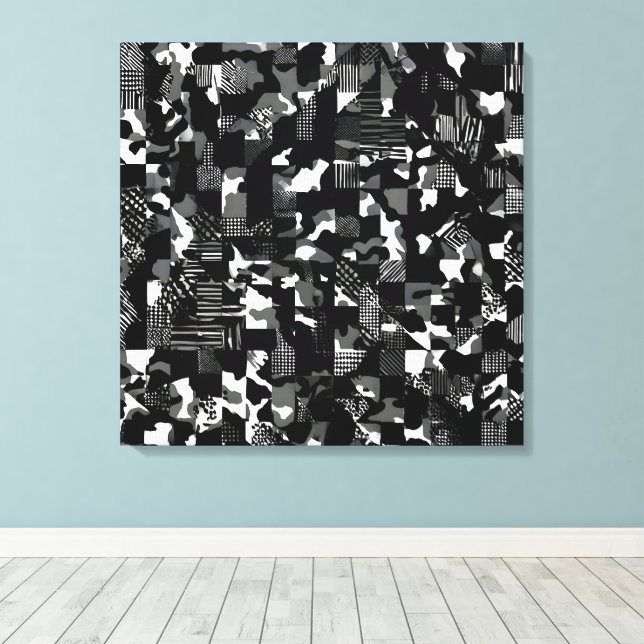 "Fractura" - Black White Camouflage Pattern  Canvas Print (Insitu(Wood Floor))