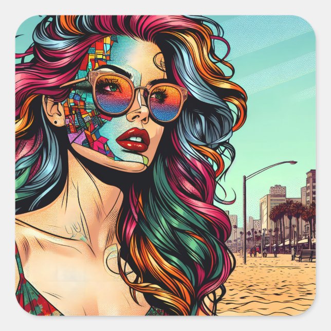 Fractured Art | Abstract Woman at Beach Square Sticker (Front)