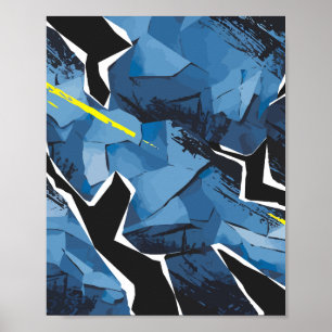 Fractured Blue Abstract with Bright Yellow Streaks Poster