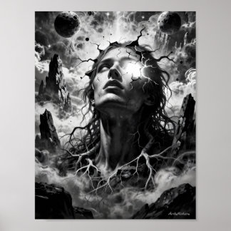Fractured Cosmic Mind Surreal Portrait Poster
