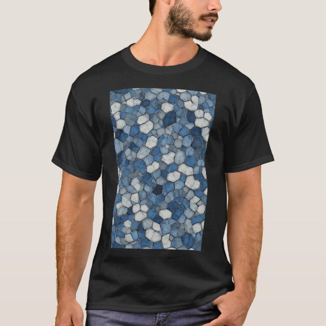 Fractured Honeycomb: Blue Cracked Tile Pattern T-Shirt (Front)