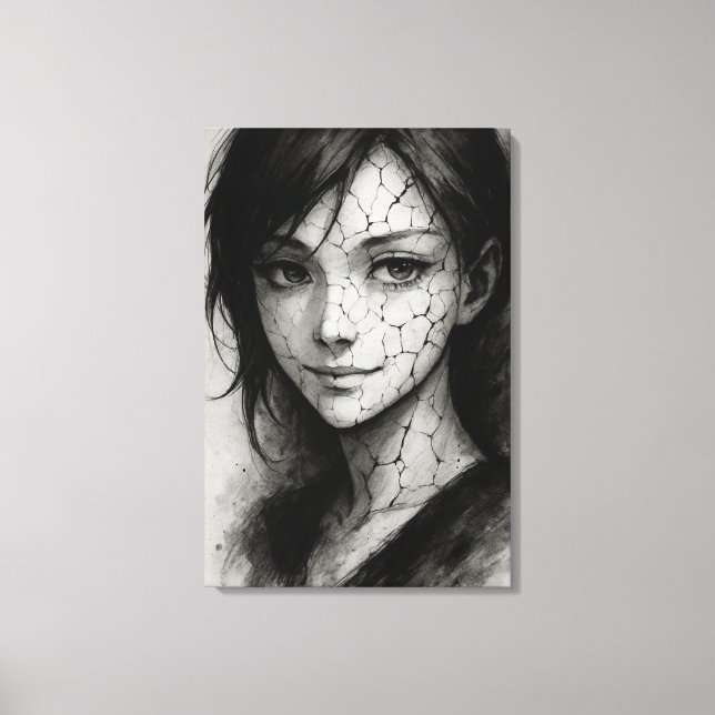 Fractured Smile – Cracked Porcelain Ink Portrait Canvas Print (Front)