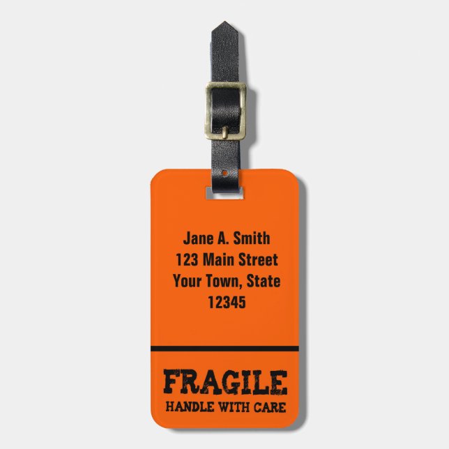 Fragile, Handle with Care, Orange Luggage Tag (Front Vertical)
