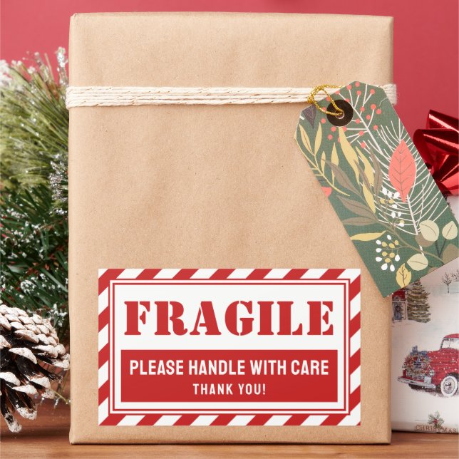 Fragile Handle With Care Red Stripes Packaging Sticker (Holiday)