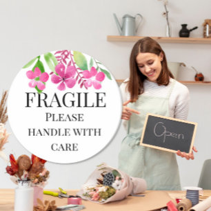 Fragile please handle with care yellow pink floral classic round sticker