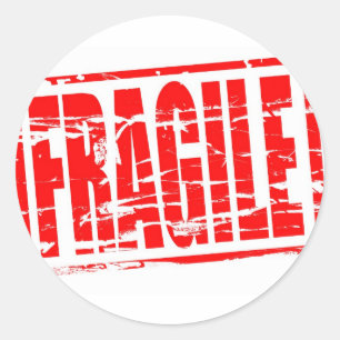 Fragile red rubber stamp effect classic round sticker