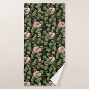 Fragile roses. Floral pattern on black Bath Towel