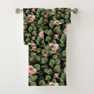 Fragile roses. Floral pattern on black Bath Towel Set