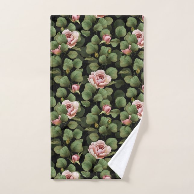 Fragile roses. Floral pattern on black Hand Towel (Hand Towel)